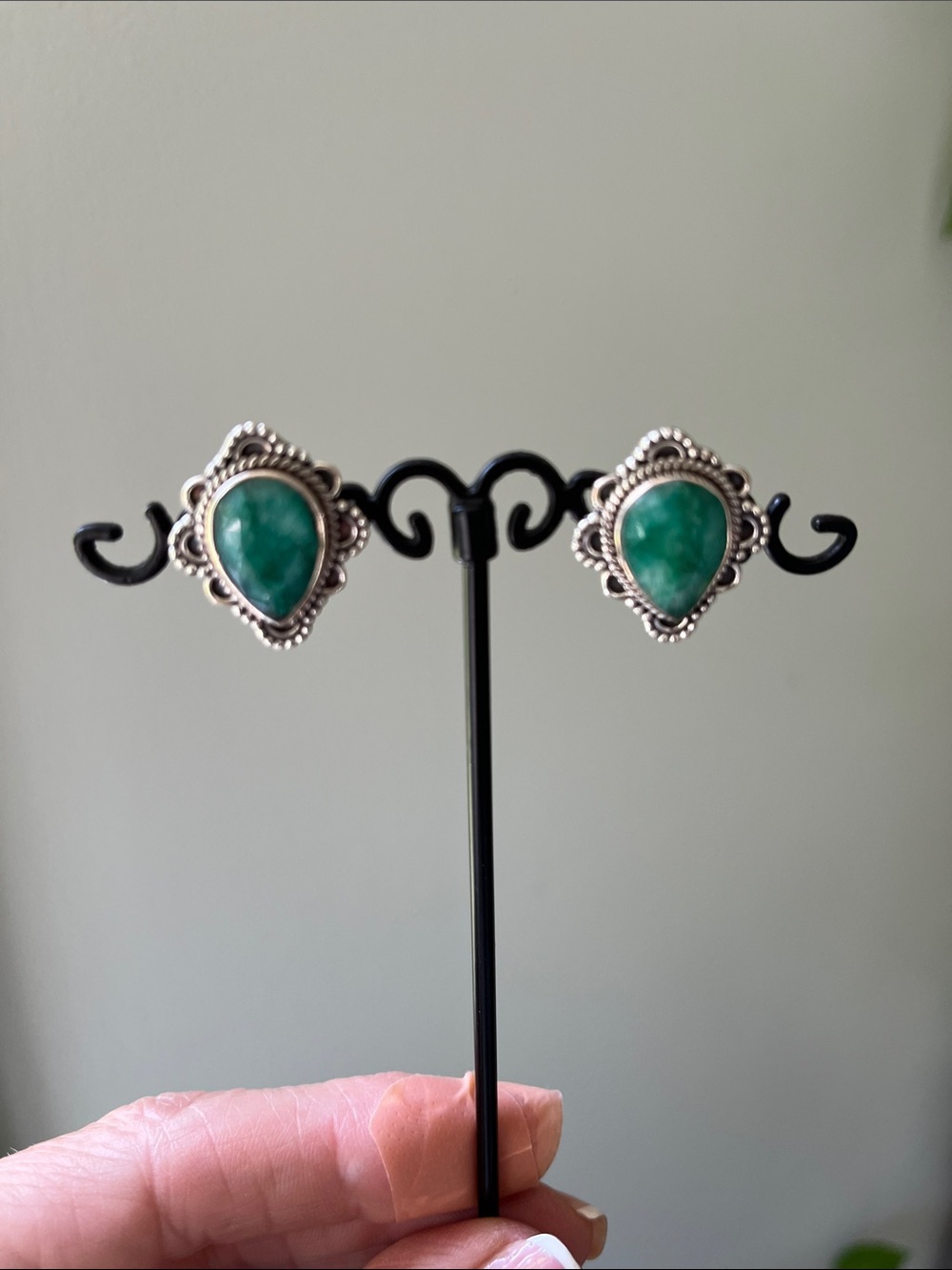 Raw Emerald Teardrop Stone Sterling Silver Stud Earrings - Women Jewelry - Picture 3 of 7